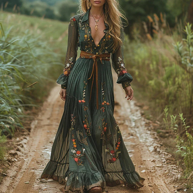 Bella Women's Maxi Dress | Embroidered V Neck, Bohemian Style, Plus Size Available 0