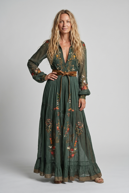 Bella Women's Maxi Dress | Embroidered V Neck, Bohemian Style, Plus Size Available 1