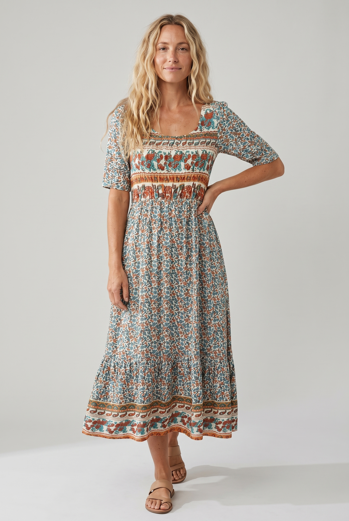 Bella Women's Summer Midi Dress | Bohemian Print, Flattering Fit, Plus Size Available 1