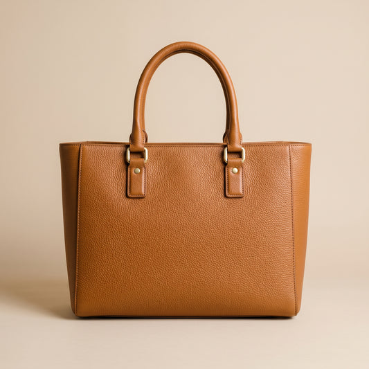 Brown leather handbag on a beige background
