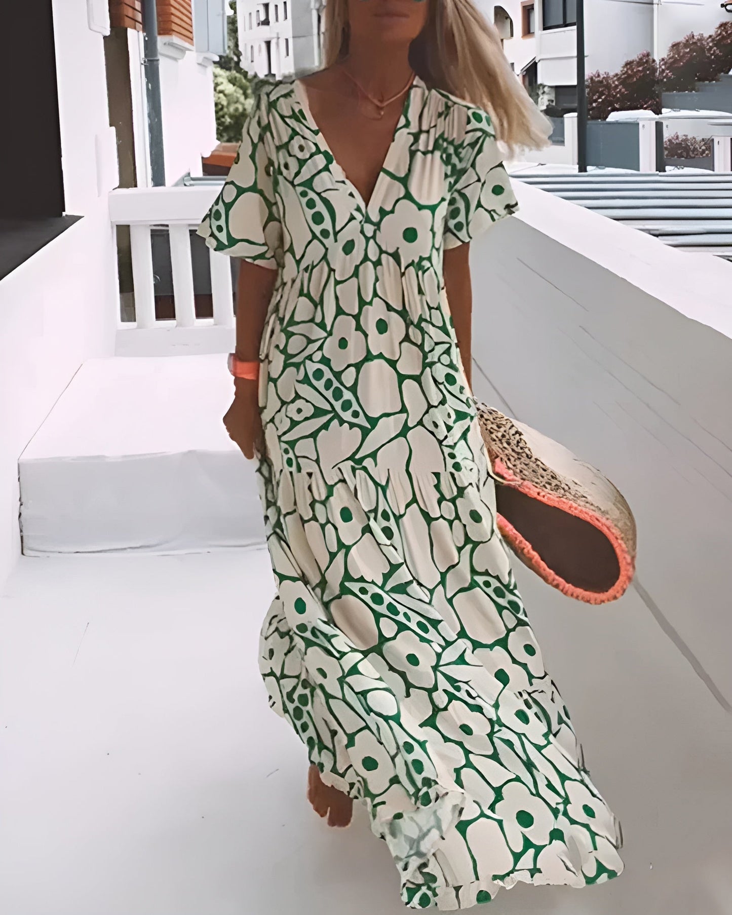 Fiona Women's Maxi Dress | V-Neck Abstract Print, Flutter Sleeves 0