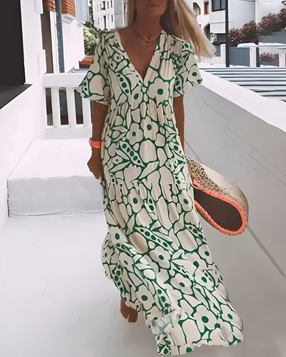 Fiona Women's Maxi Dress | V-Neck Abstract Print, Flutter Sleeves 0