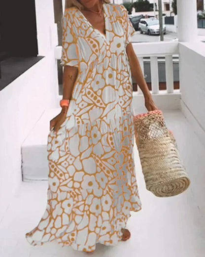 Fiona Women's Maxi Dress | V-Neck Abstract Print, Flutter Sleeves 1