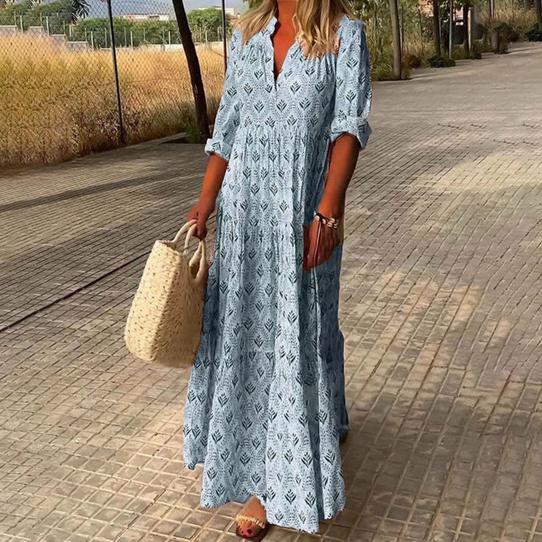 Vera Women's Maxi Dress | Boho Print, V-Neck, Long Sleeve 0