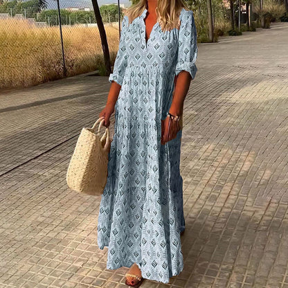 Vera Women's Maxi Dress | Boho Print, V-Neck, Long Sleeve 0