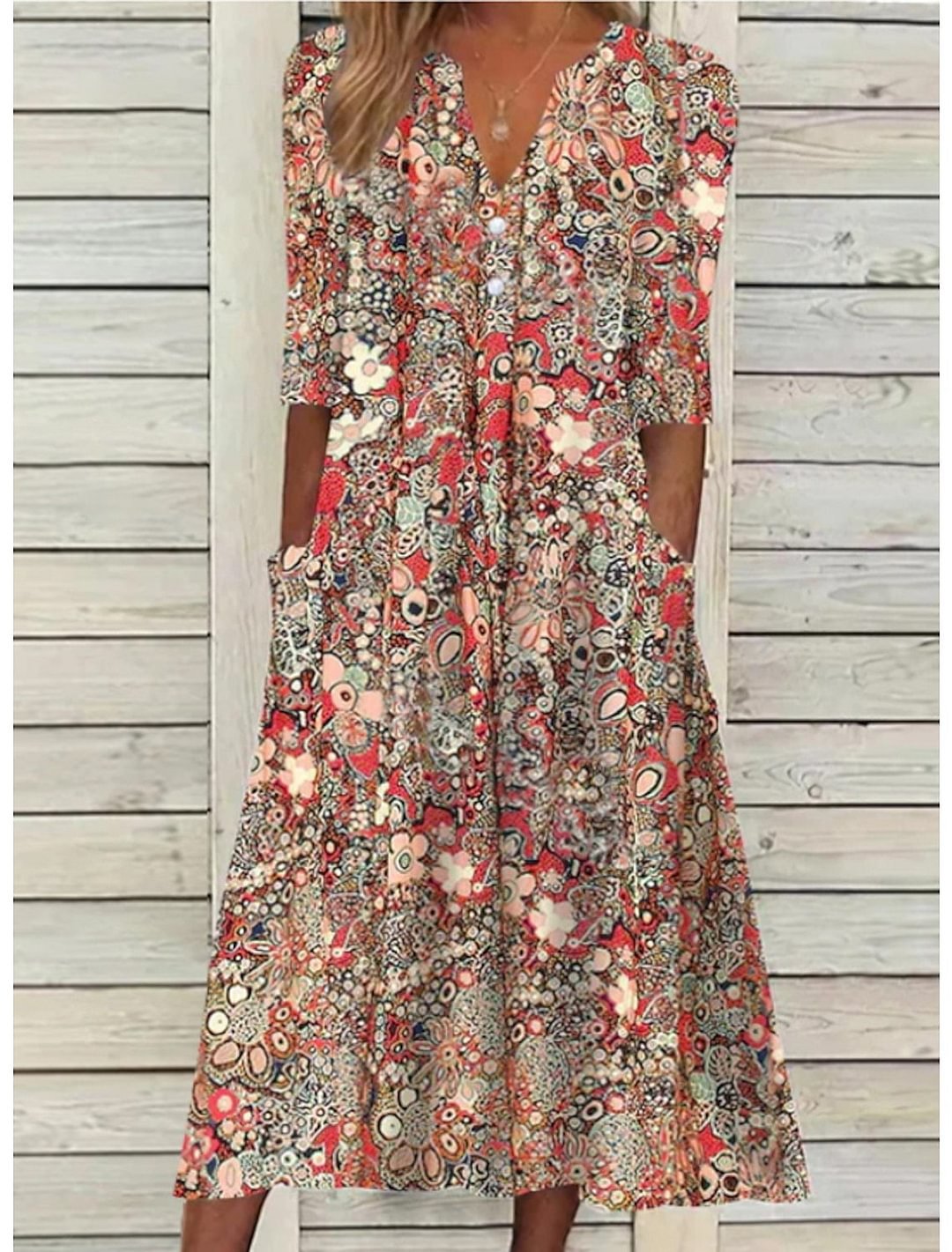 Vera Women's Midi Dress | V-Neck, All-Over Print with Pockets 0