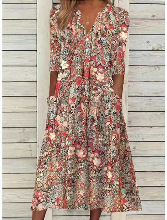 Vera Women's Midi Dress | V-Neck, All-Over Print with Pockets 0