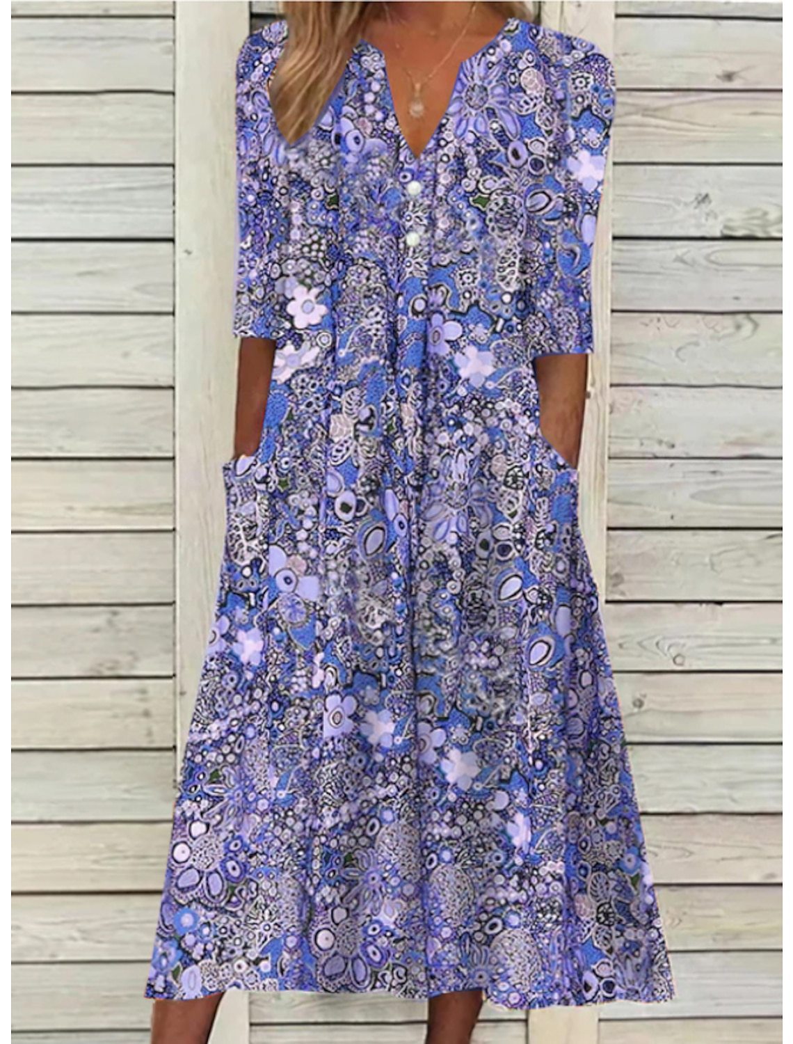 Vera Women's Midi Dress | V-Neck, All-Over Print with Pockets 1