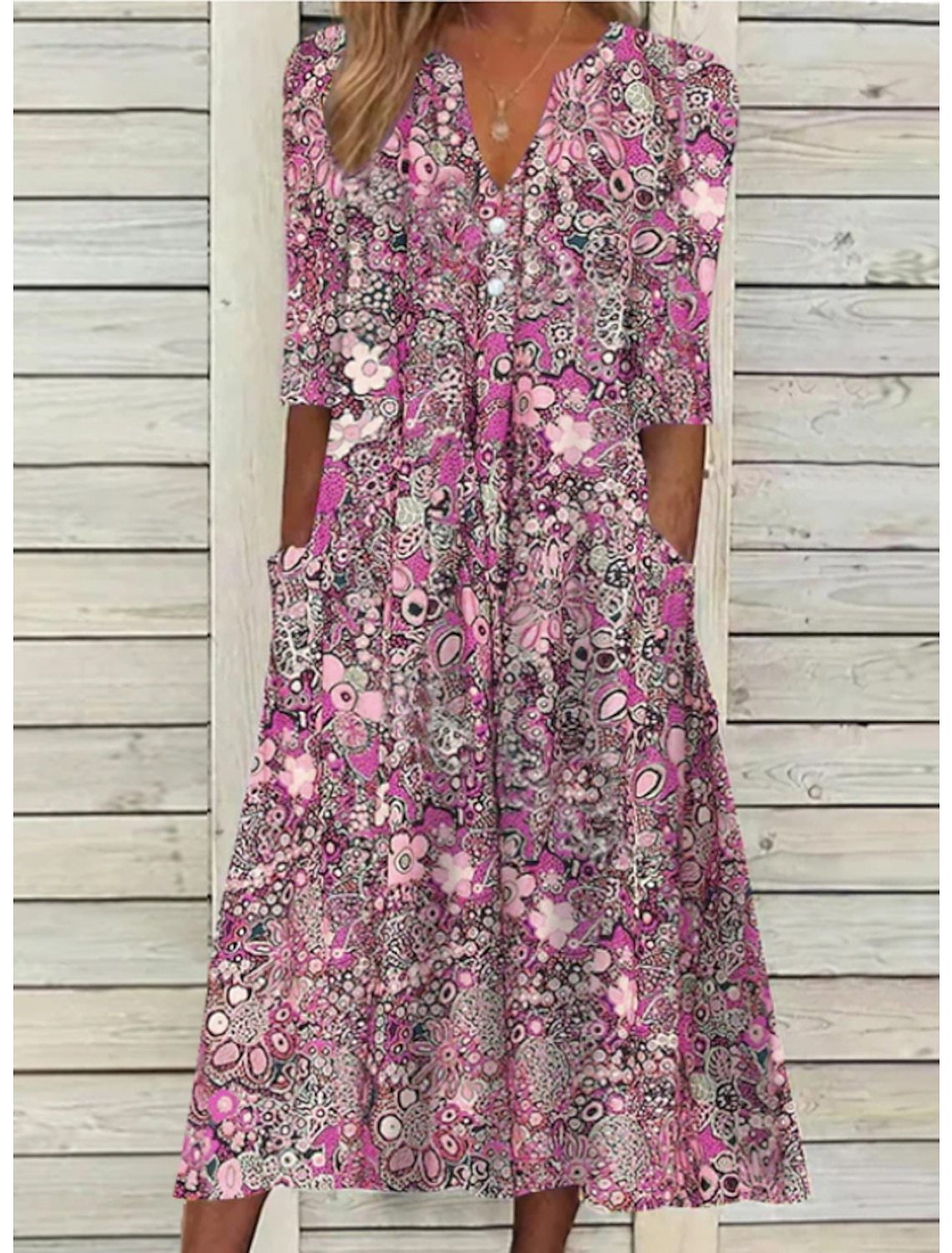 Vera Women's Midi Dress | V-Neck, All-Over Print with Pockets 2