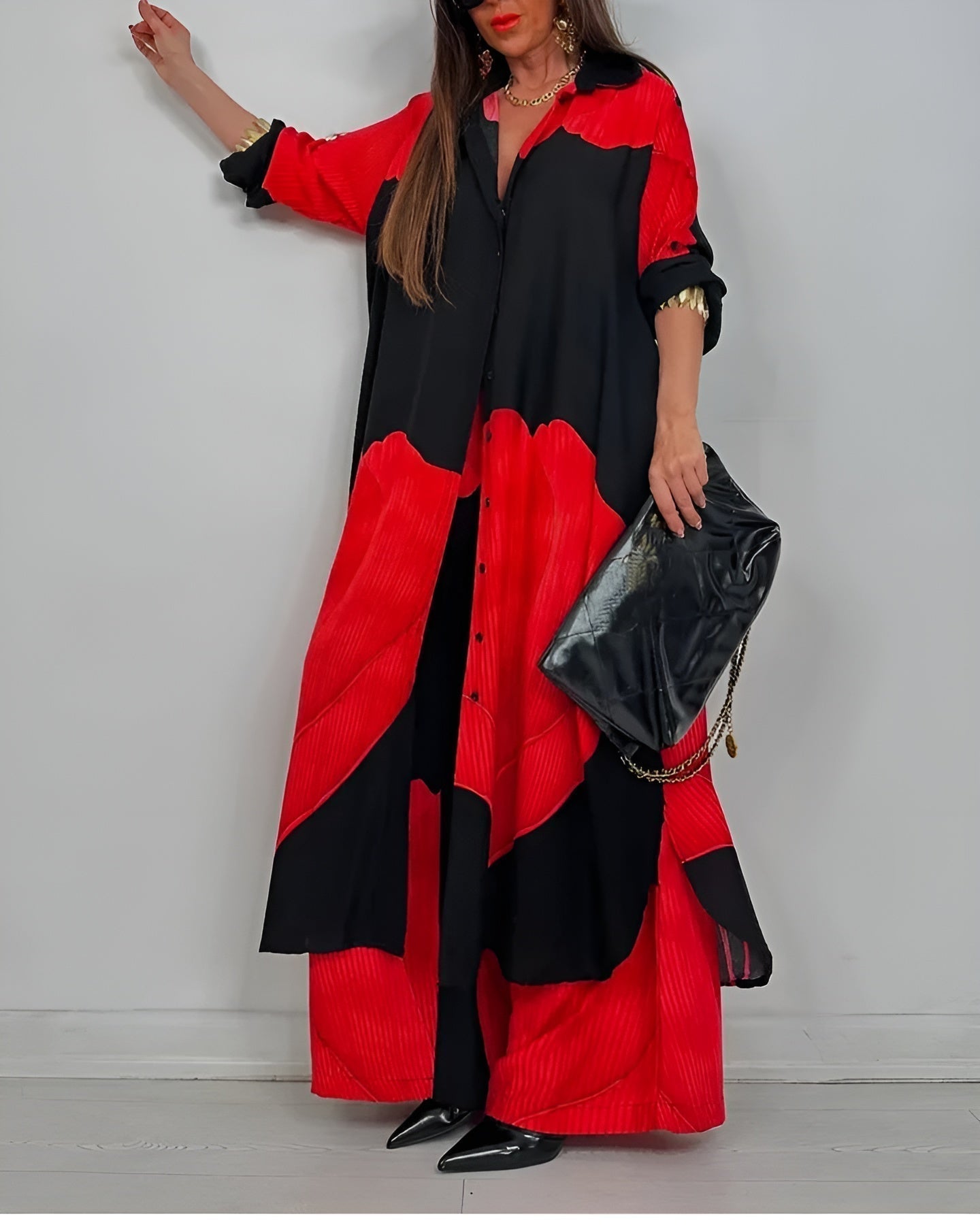 Wendy Women's Outfit | Button-Front Shirt & Wide Leg Pants, Coordinated Design 1