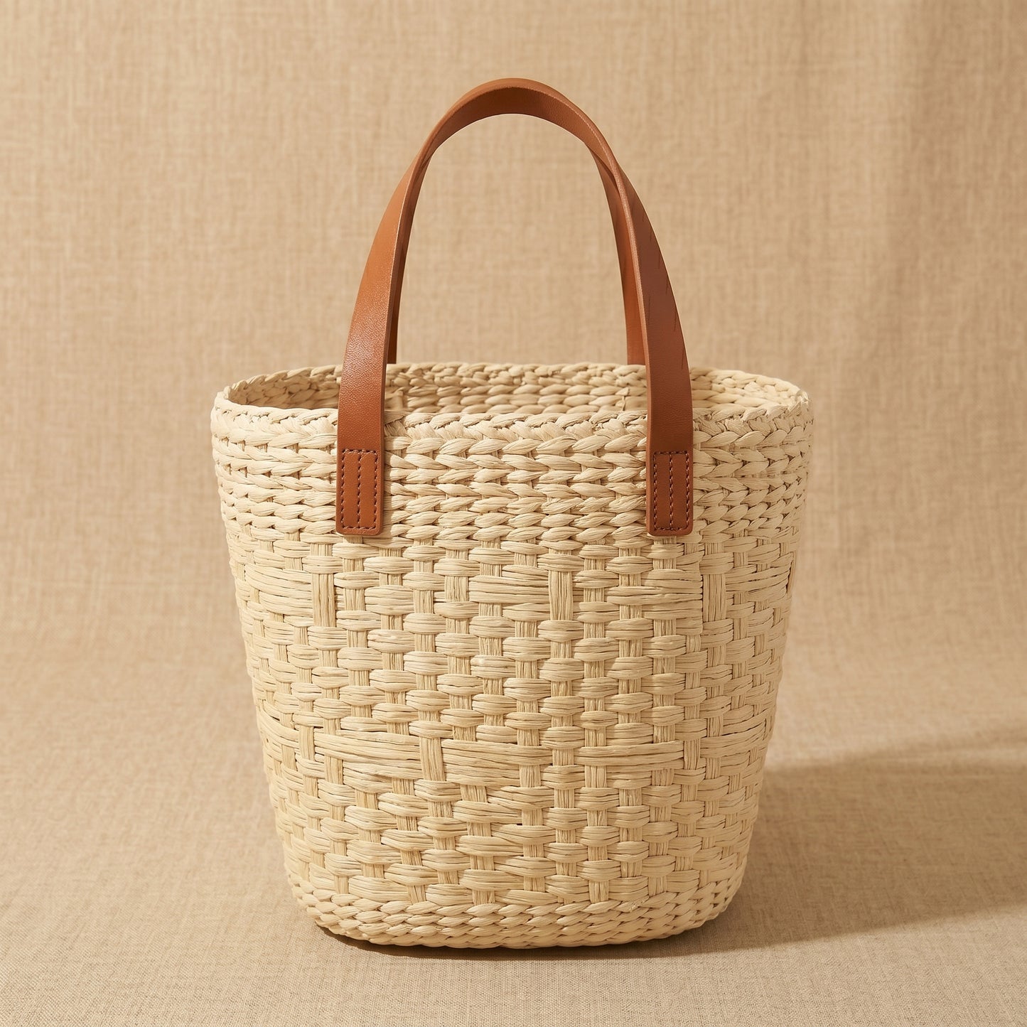 Woven basket with brown leather handles back