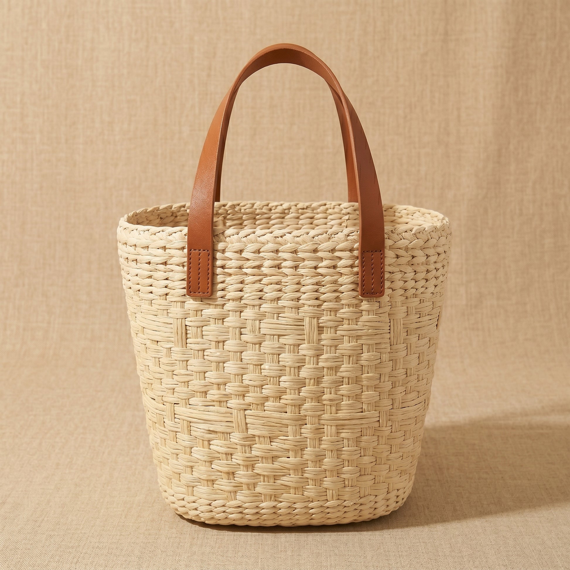 Woven basket with brown leather handles back